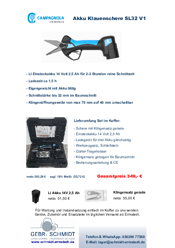 Preisblatt CAMPAGNOLA Akku-Klauenschere SL32 V1